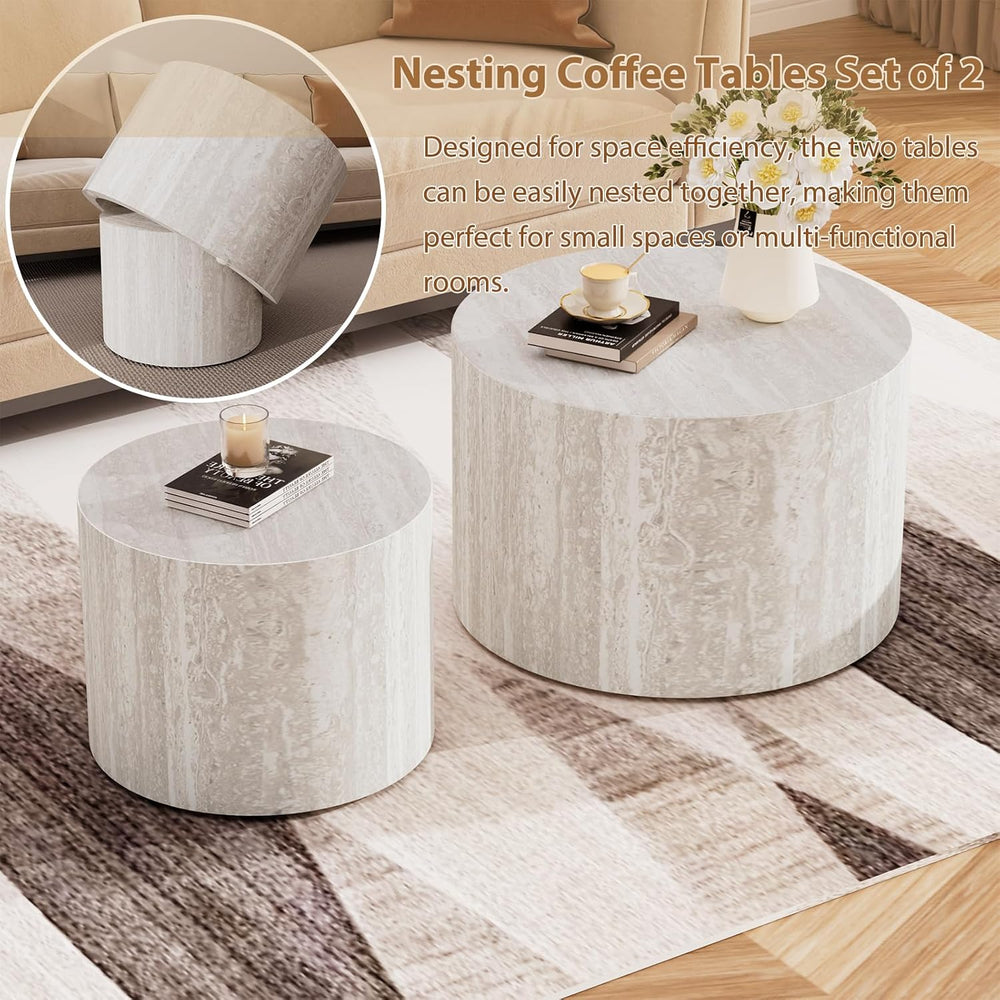 Round Wood Coffee Table Set of 2 Grey Travertine 18.2 inch | 2 Piece Round Wo...
