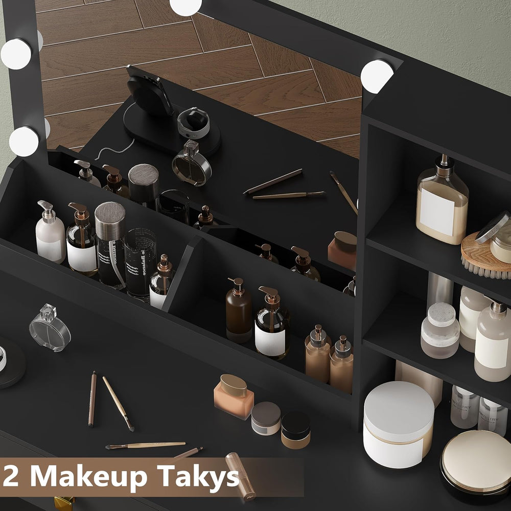 Black Vanity Desk with Mirror and Lights, 34" LED Small Vanity Table wit...