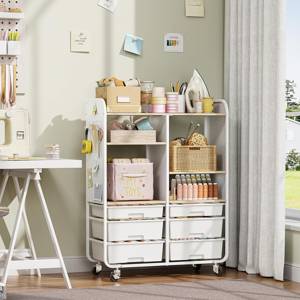 6-Drawer Rolling Storage Cabinet with Wooden Top & Pegboards，Utility Craf...
