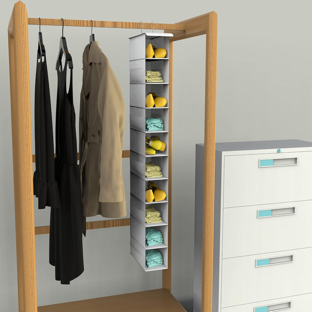 10-Tier Hanging Shoe Organizer with Side Mesh Pockets, White | Hanging Organizer & Storage for Wardrobe,Dorm,Bedroom, Space Saving Shoe Rack Hanger, Foldable Clothes Shelf with Sturdy Hook