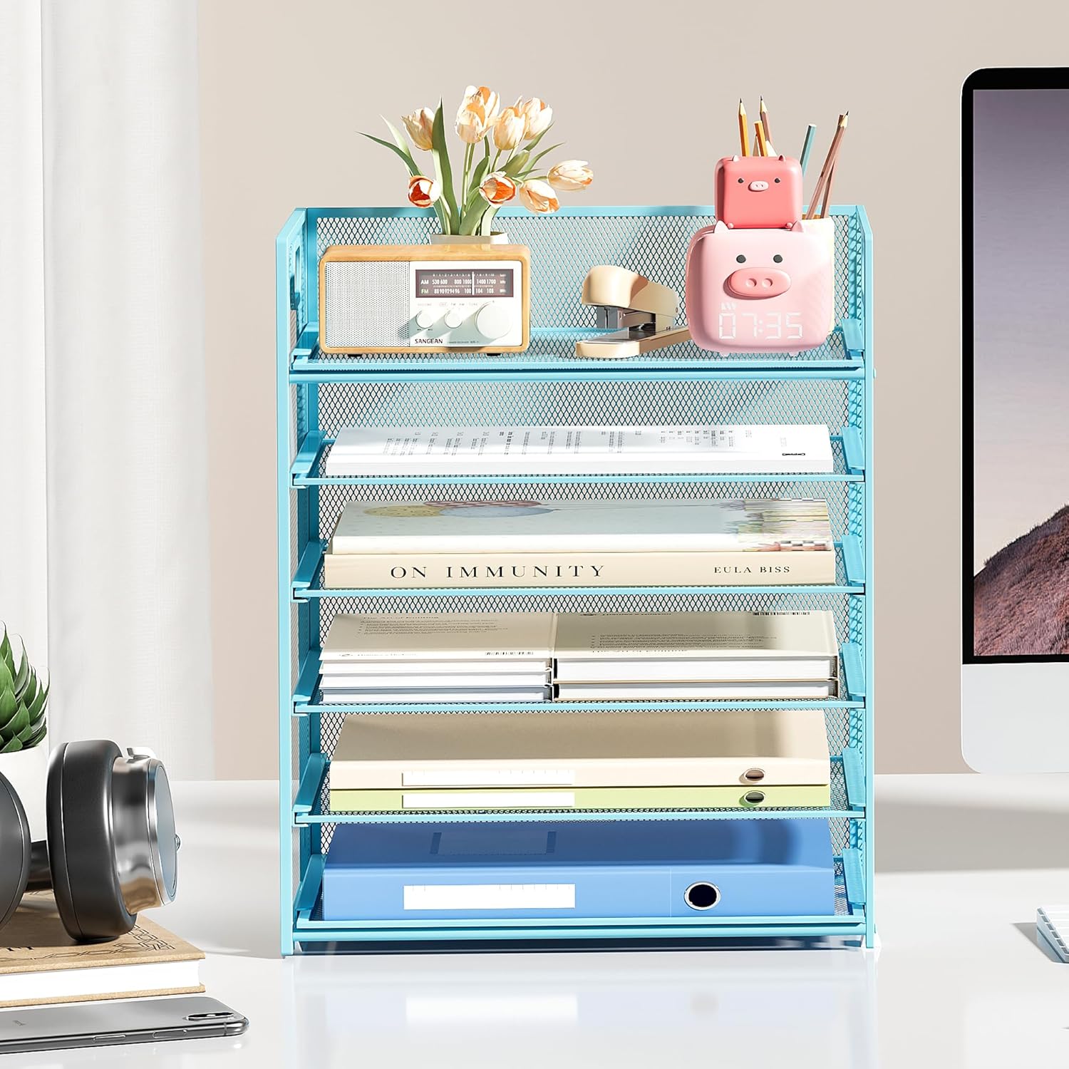Subekyu 6-Tier Desk Paper Organizer, Desktop File Letter Tray with Handle, Document Sorter and Accessories Holder for Office, Home and School Workspace Organizers, Blue-2 Pack