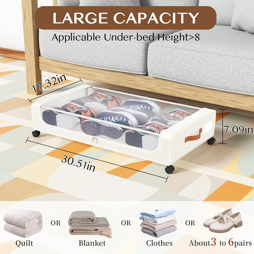 Under Bed Storage with Wheels, UnderBed Storage Containers with Clear Lid and Handles, Under the Bed Storage Bins Drawers for Clothes,Blankets,Shoes,Books (WHITE, 2 PACK)