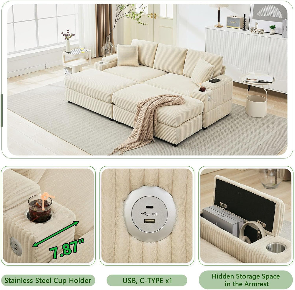 Oversized Corduroy Double Chaise Lounge Chair Indoor with Storage and Ottoman...