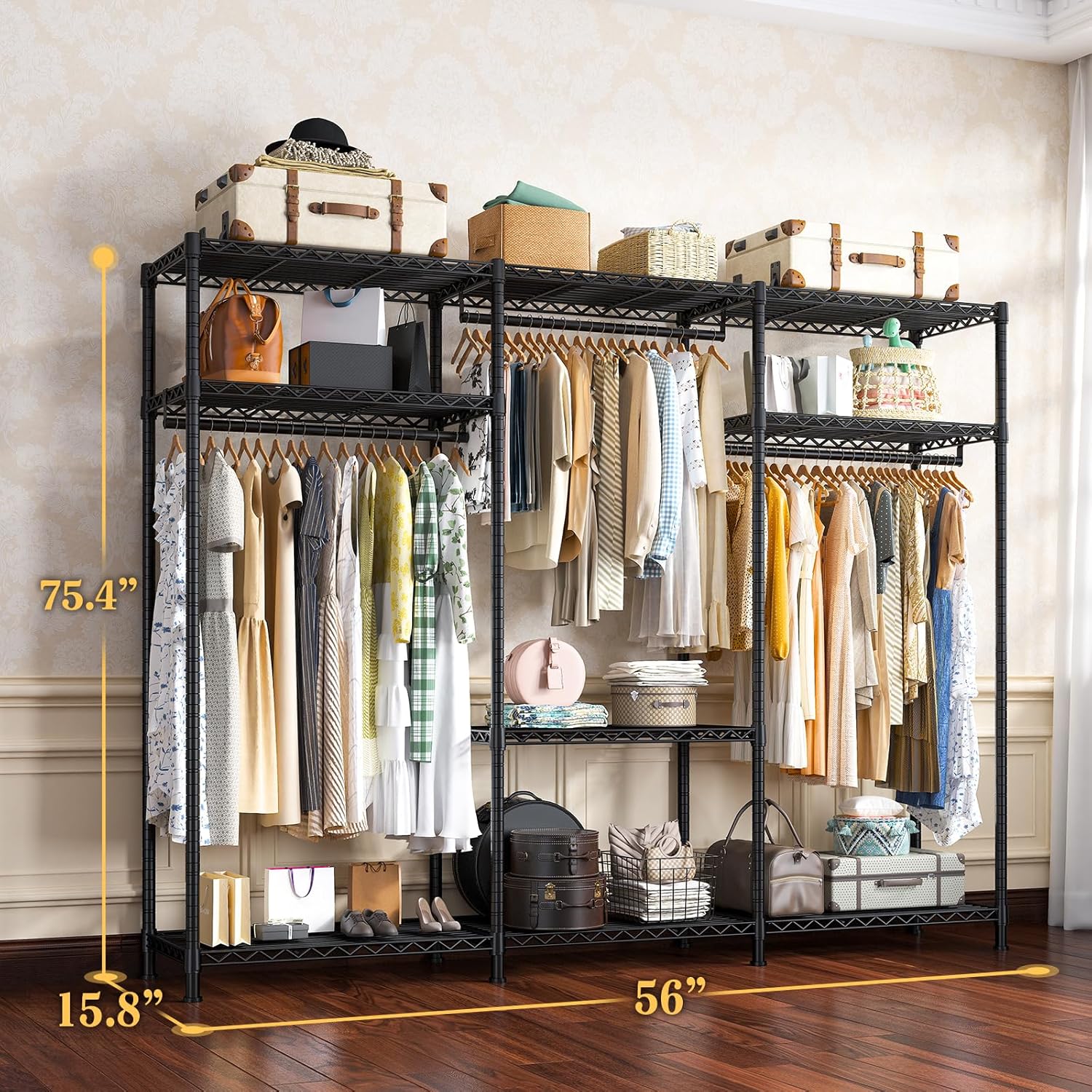 Raybee Clothes Rack Heavy Duty Load 795LBS Portable Clothing Racks for Hanging Clothes Adjustable Garment Rack, 56" W X16 D X 75.5" H Black