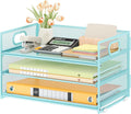 Subekyu 3 Tier Paper Desk Organizer with Handle and 1 PC Slideable Letter Tray, A4 Paper File Folder Sorter Metal Mesh Organizer for Home Office School Desk Supplies Organization Storage, Blue