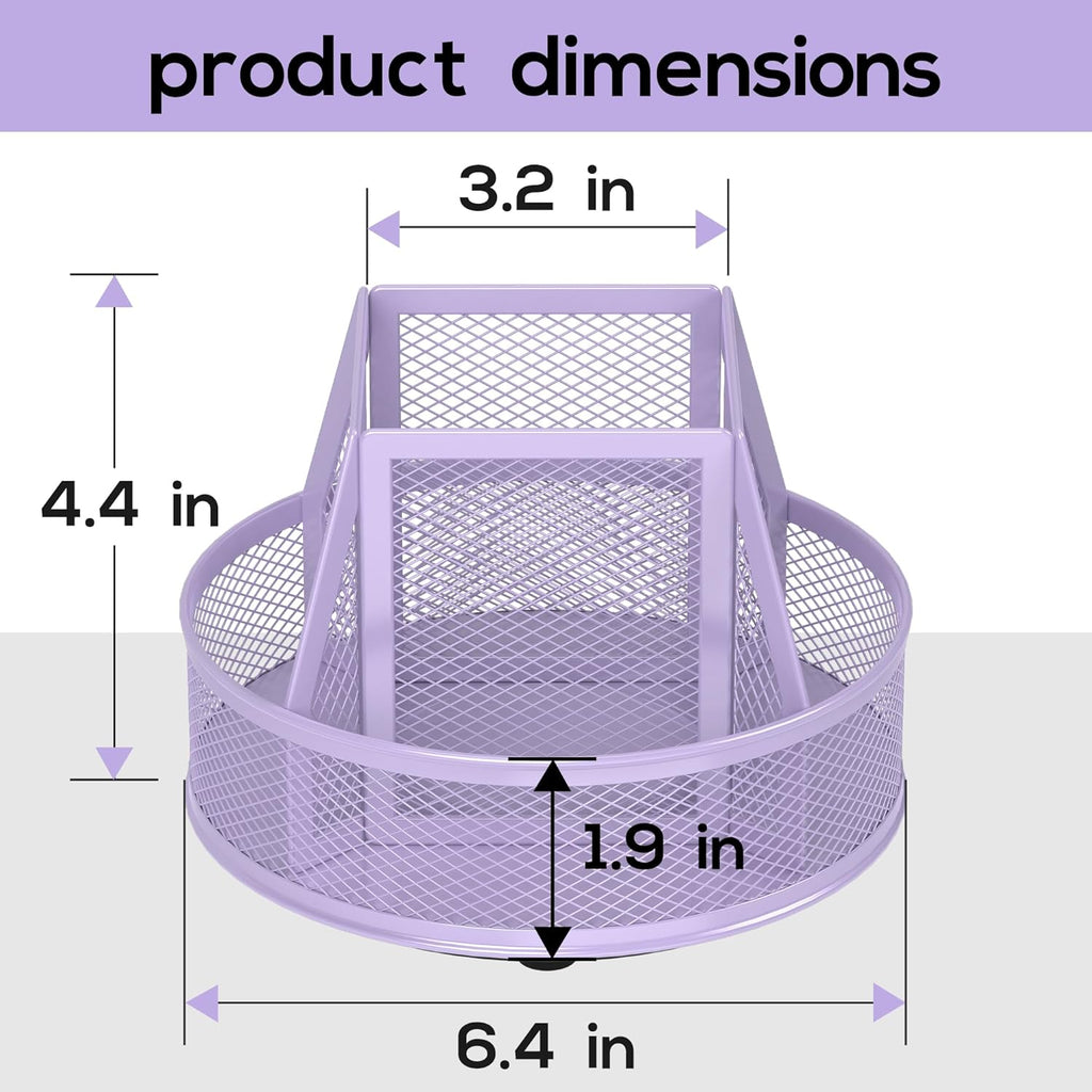 YINGHUA Metal Mesh Desk Organizer with 5 Compartments and Rotating Pencil Holder Pen and Stationery Organizer for Office Home School Anti Slip Base Purple