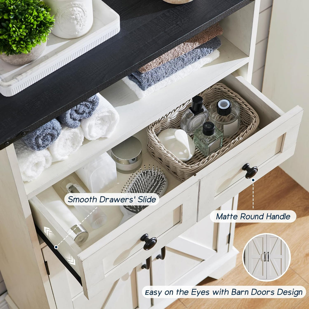 ACCOHOHO Bathroom Floor Cabinet, Farmhouse Storage Cabinet, 24" Wide Cabinet with Drawer, Adjustable Shelf, Barn Doors, Cabinets for Bathroom, Kitchen, Living Room, Off White