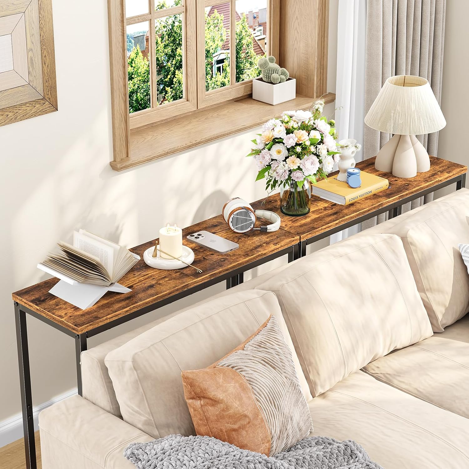 Simple Trending Narrow Side Table, 29.8" Console Table, Rustic Brown | Slim Entryway Table, Metal Frame, Adjustable Feet Pads, Industrial Style Behind Couch Table, for Entryway, Living Room
