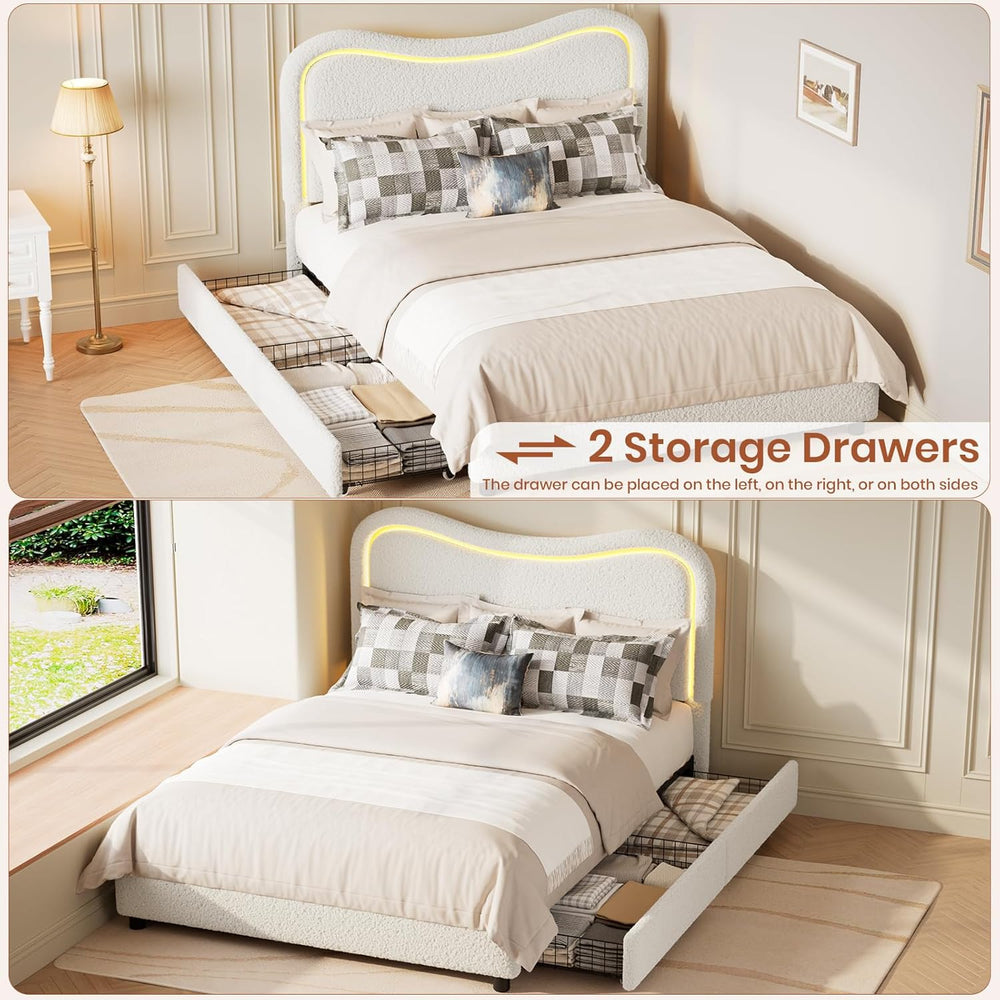 Garvee Boucle Full Bed Frame with 2 Storage Drawers and LED Lights, Beige