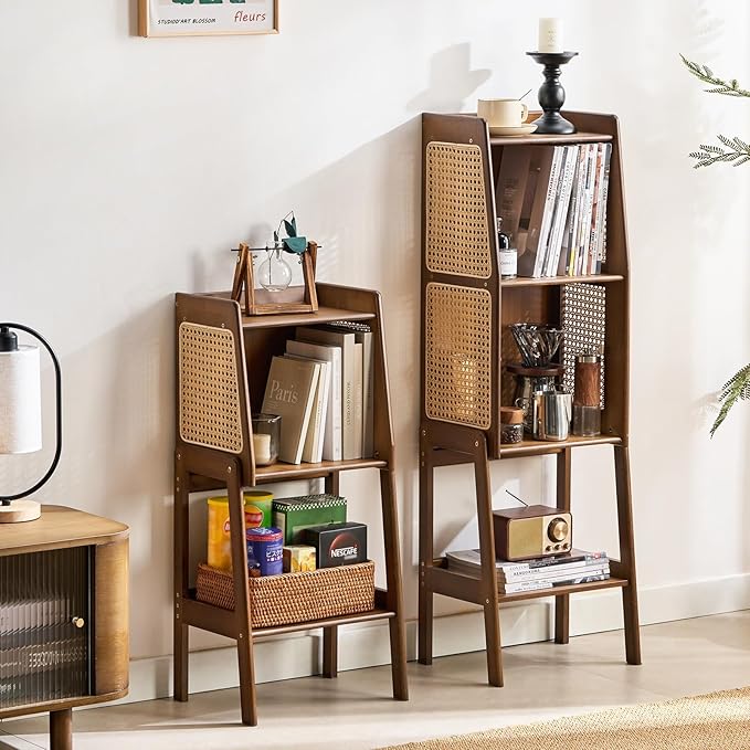 Welnow Bamboo Rattan Bookcase with Cabinet, 1-Tier Storage Shelf with Side Ta...