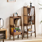 Welnow Bamboo Rattan Bookcase with Cabinet, 1-Tier Storage Shelf with Side Table & End Table Function, Large Modern Wood Organizer for Living Room or Bedroom, Walnut Bookshelf
