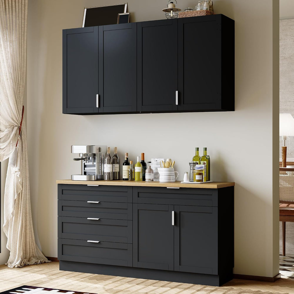 WOODTIME Wall Mounted Cabinet and Pantry with Countertop, Wooden Modern 2 Pie...