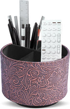lizimandu Round Leather Art Supply Organizer,Remote Control Holder,360 Degree Spinning,Multi-Functional Pencil Holder,4 Compartments Desktop Stationary Organizer(1-Carved Cooper Red)