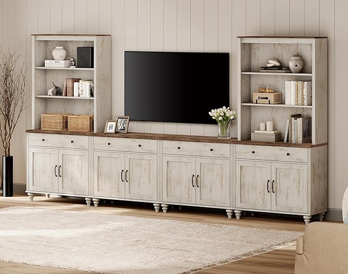 WAMPAT Entertainment Center with Bookshelves for TVs up to 75", Farmhouse Wall Unit TV Stand with 8 Doors & 4 Drawer, Media Console Table for Living Room, Bedroom & Home Theater, Rustic White