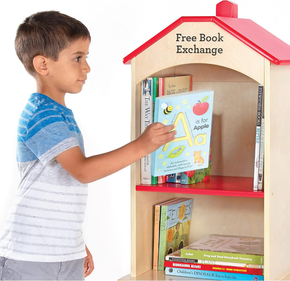 Guidecraft Free Library Exchange Book Stand: 3-Shelf Wooden Storage Bookcase,...