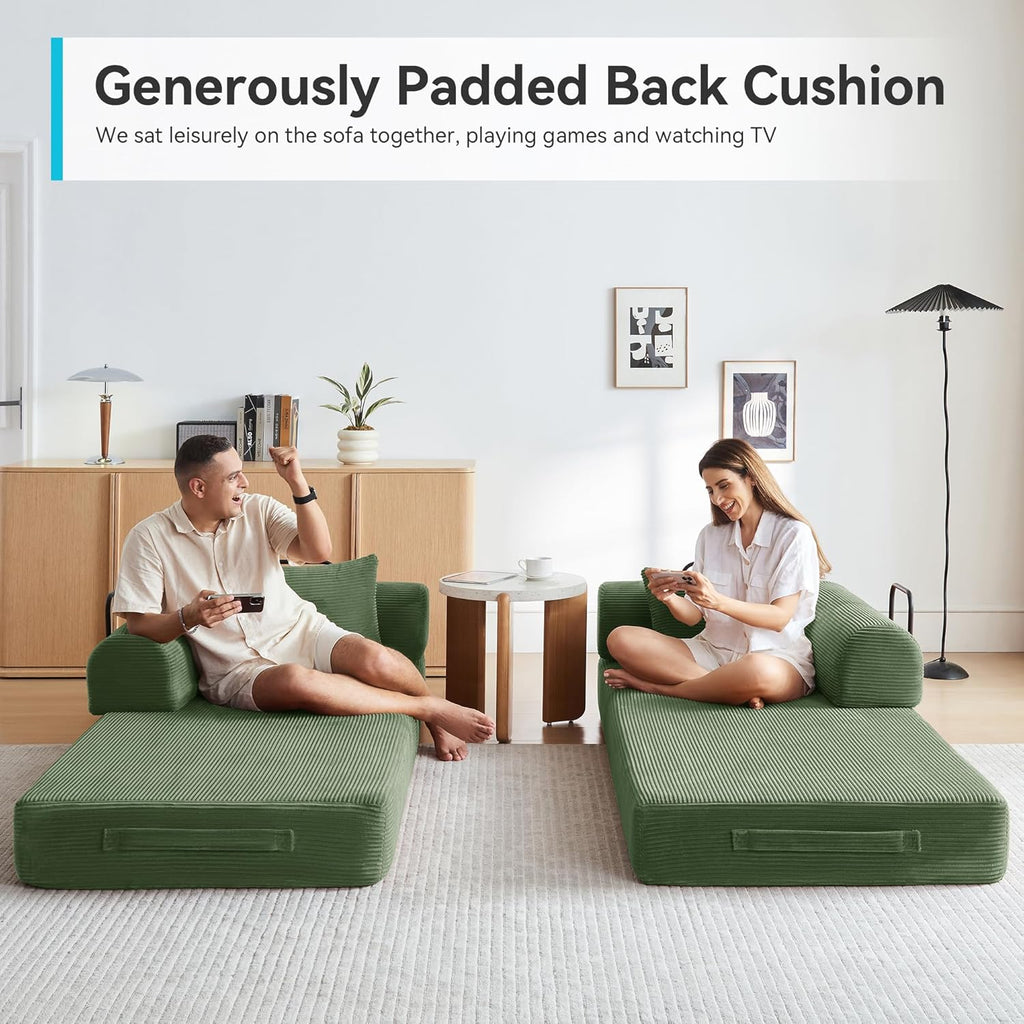 Convertible Floor Sofa Bed with Fixed-Shape Frame, King Size Floor Sleeper 5-in-1 DIY Combination Modular Sofa, Modular Chenille Folding Mattress Couch for Living Room Bedroom Playroom (Green)