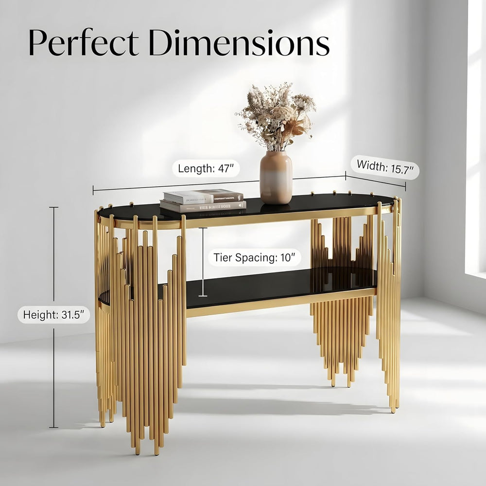 Modern Gold Glass Console Table with 2-Tier Shelves, Luxury Oval Entryway Tab...