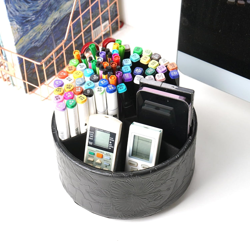 lizimandu Remote Control Holder, 360°Spinning PU Leather Desk TV Remote Caddy,Desk Storage Box Room Accessories for Controller, Media,Mail,Calculator, Mobile Phone,Pencil(1B-Carved Black)
