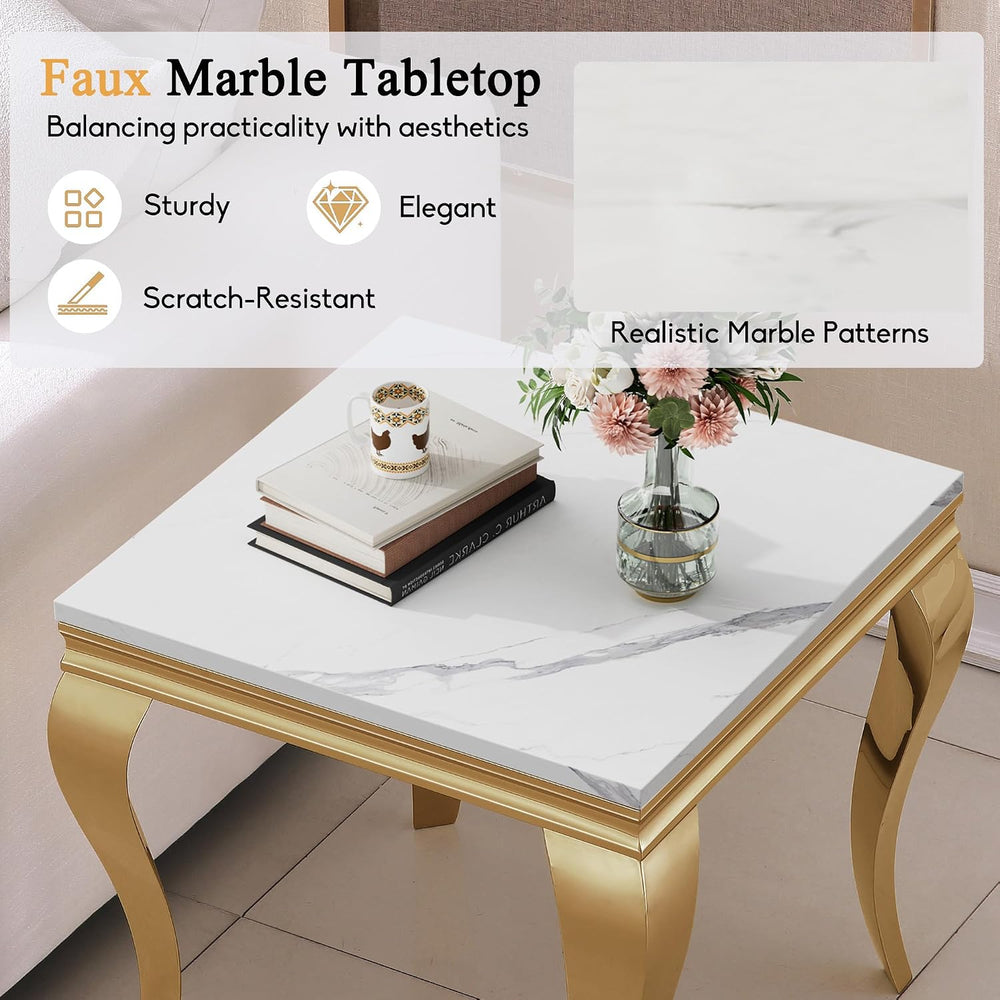 Luxury Marble Side Table, Square End Table with Faux Marble Tabletop & Go...
