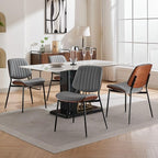 Dining Chairs Set of 6, Mid Century Modern Accent Dining Room and Kitchen Chairs, Upholstered PU Leather Vertical Stripe Chairs for Vanity with Walnut Bentwood and Metal Legs, Gray