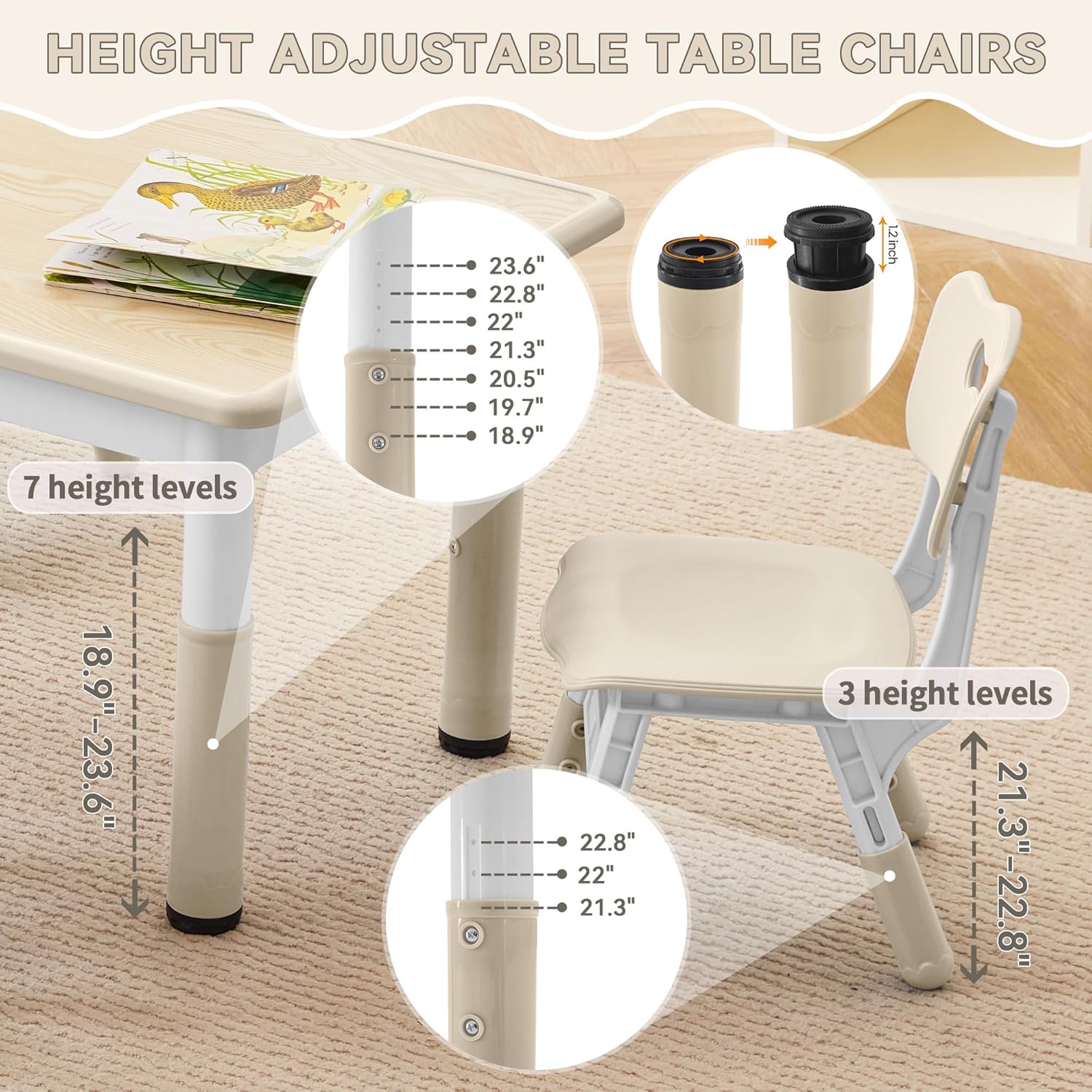 GITAWUSA Kids Study Table and Chairs Set, Height Adjustable Toddler Table and Chair Set for Kids Ages 3-8, 23.6" L x 23.6" W Graffiti Desktop Plastic Children Art Table with 4 Seats, Burlywood