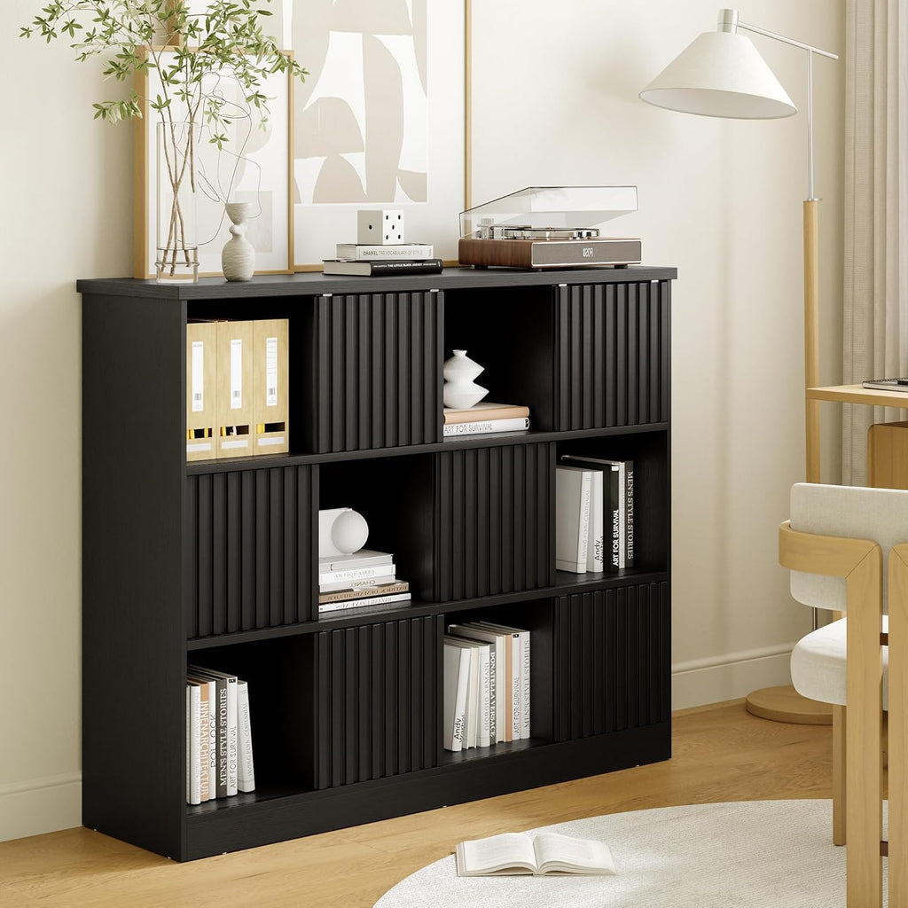 iPormis 12 Cube Bookcase with 6 Fluted Sliding Doors, 3 Tier Wooden Bookshelf, 47.2” Freestanding Cube Storage Organizer for Living Room, Office, Bedroom, Semi-Open Bookshelves, Black