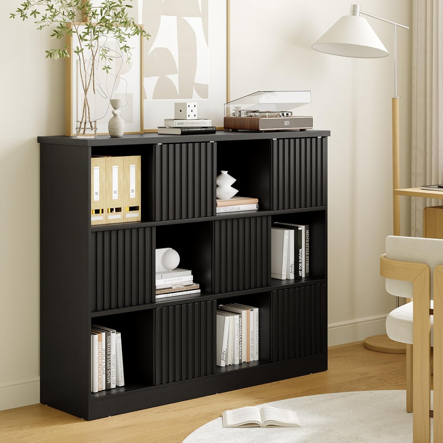 iPormis 12 Cube Bookcase with 6 Fluted Sliding Doors, 3 Tier Wooden Bookshelf, 47.2” Freestanding Cube Storage Organizer for Living Room, Office, Bedroom, Semi-Open Bookshelves, Black