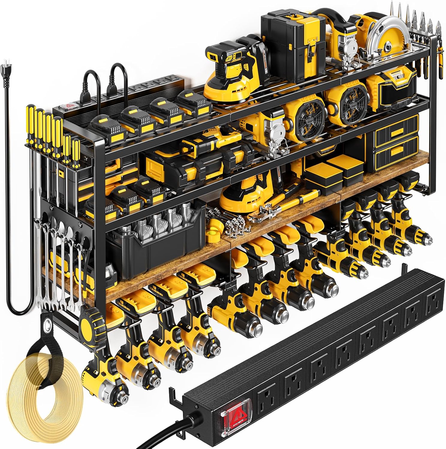 49.5" W Large Power Tool Organizer with Charging Station, 4 Layer Heavy Duty Utility Rack Loads 800lbs, Holds 8 Cordless Drills, Wall Mount Tool Shelf with 8-Outlet Power Strip, Gift for Men