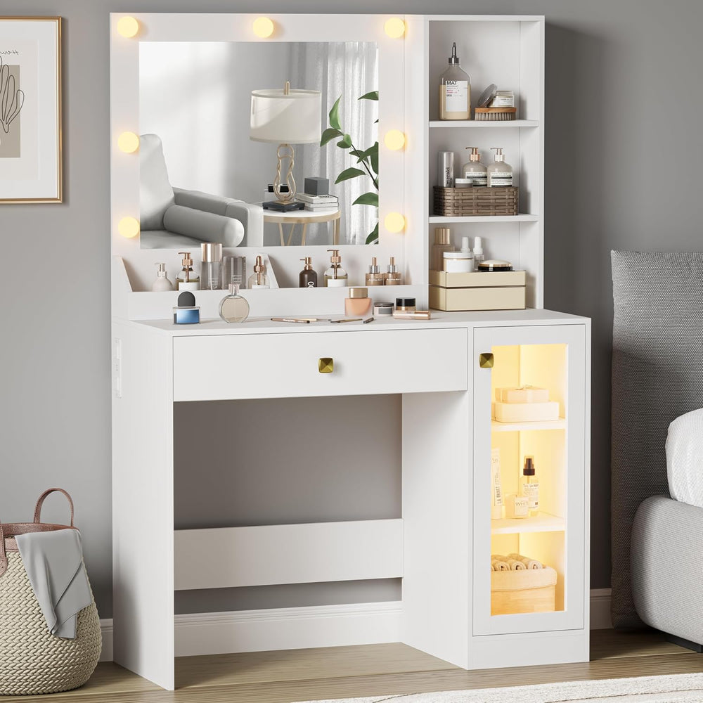 BORNOON Small Vanity Desk with Mirror and Lights, Makeup Vanity Desk with Adj...