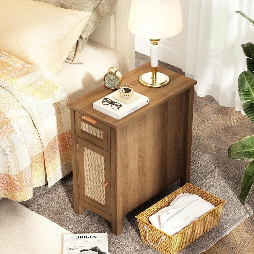 Narrow End Table with Charging Station - Midcentury Rattan Slim Side Table wi...