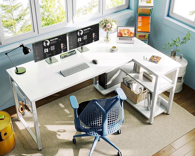 Casaottima L Shaped Computer Desk, 55 Inch Small Corner Desk with Storage Shelves & PC Stand, Reversible Gaming Desk for Bedroom, Modern Writing Study Table for Home Office, White