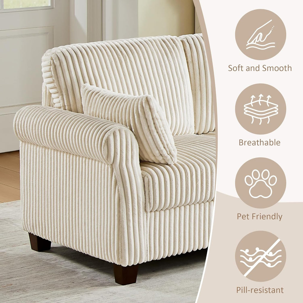 90.6" V-Shaped Sectional Sofa with Storage Ottoman, Corduroy Beige | Cloud Comfort, Couches for Living Room, 5-Seat, Comfy Deep Seat, 2 Throw Pillows, Bedroom, Apartment, Office