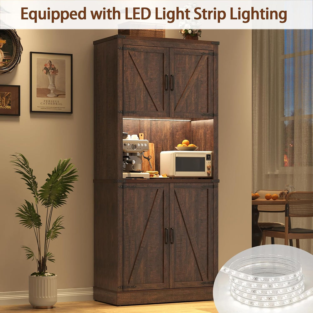 72" Tall Farmhouse Kitchen Pantry Cabinet with LED Light and Power Outle...
