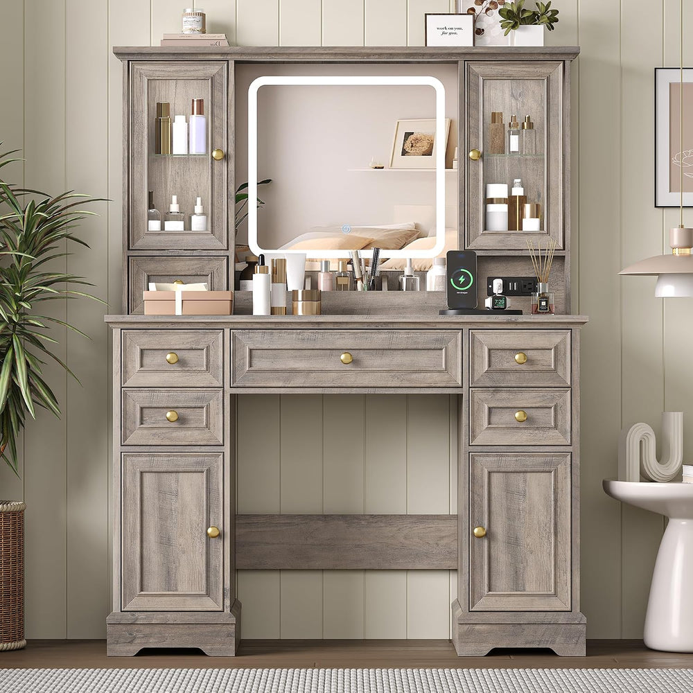 HUANLEGO Farmhouse Makeup Vanity Desk with Mirror and LED Lights, Grey | Vani...