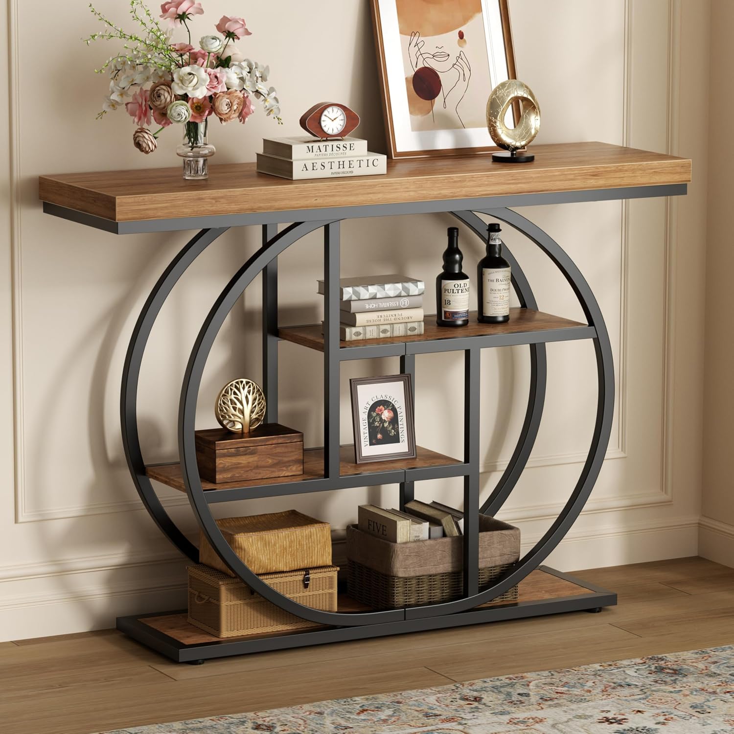 Shintenchi 41.3” Console Table with Storage, Industrial Entryway Table, 4-Tier Shelves Sofa Table Behind Couch, Narrow Wood Accent Table for Living Room, Entryway,Entrance, Hallway, Foyer,Rustic Brown