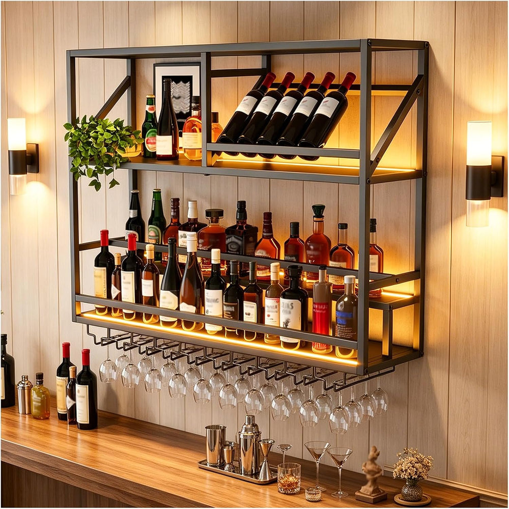 31.5in Wall Mounted Wine Rack with LED Lights, Stepped 3-Tier Bar Shelf | Liq...