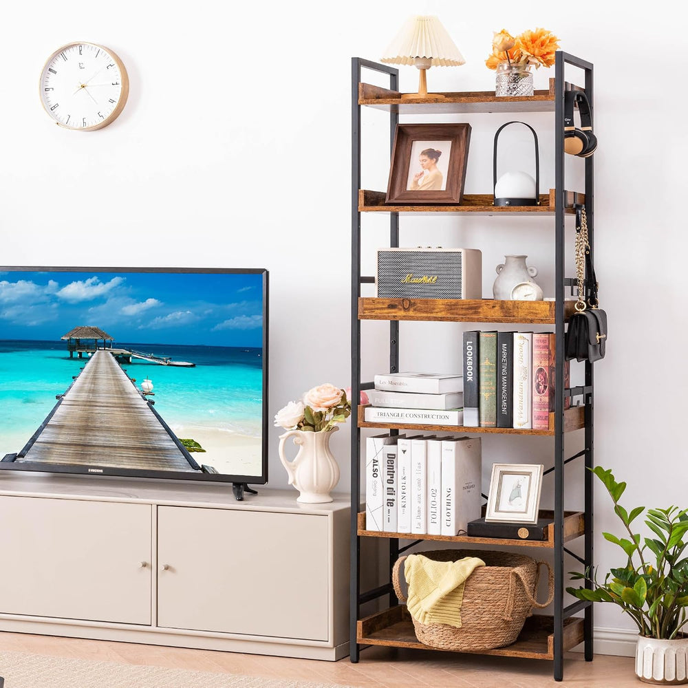 HCHQHS Adjustable 6 Tier Open Bookcase, Rustic Farmhouse Book Shelves, Indust...