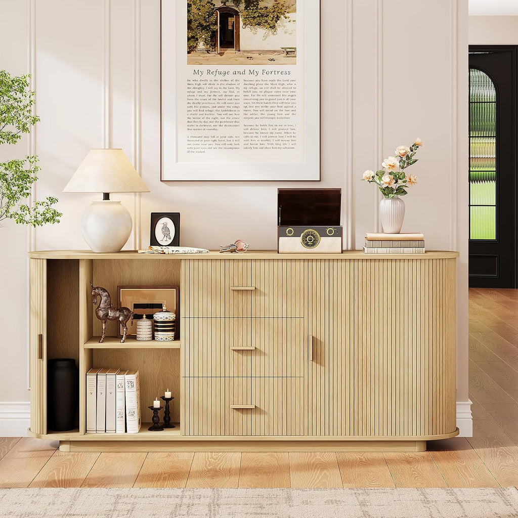 ONBRILL 63" Fluted Sideboard Buffet Cabinet with 3 Drawers & 2 Doors, Mid-Century Modern Buffet Sideboard Cabinet with Storage, Coffee Bar Table with Adjustable Shelf for Kitchen, Living Room, Oak