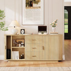 ONBRILL 63" Fluted Sideboard Buffet Cabinet with 3 Drawers & 2 Doors, Mid-Century Modern Buffet Sideboard Cabinet with Storage, Coffee Bar Table with Adjustable Shelf for Kitchen, Living Room, Oak