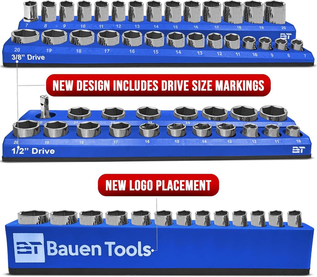 Magnetic Socket Organizer Set -3 Piece Metric Magnetic Socket Holder Set Blue - 1/2-inch, 3/8-inch & 1/4-inch Drive, Holds 75 Sockets, Professional Grade Socket Tray Organizer. NEW VERSION