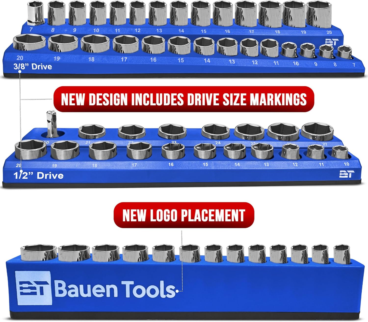 Magnetic Socket Organizer Set -3 Piece Metric Magnetic Socket Holder Set Blue - 1/2-inch, 3/8-inch & 1/4-inch Drive, Holds 75 Sockets, Professional Grade Socket Tray Organizer. NEW VERSION