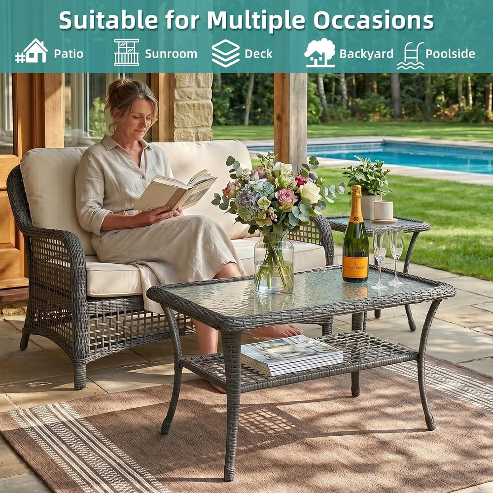 MEETWARM Wicker Patio Coffee Table, 34.5" Rectangle Outdoor Coffee Table...