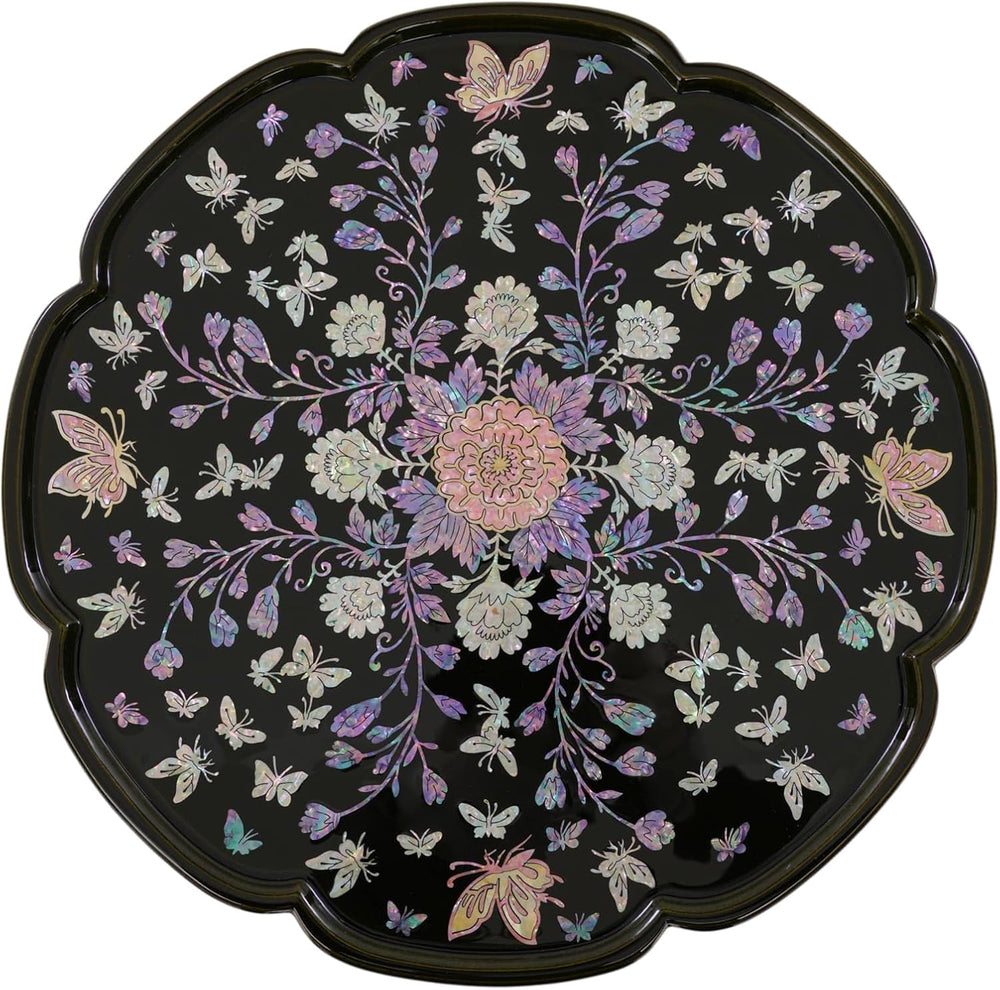 February Mountain Mother of Pearl Tray Table – Round Tea Table with Floral Bu...