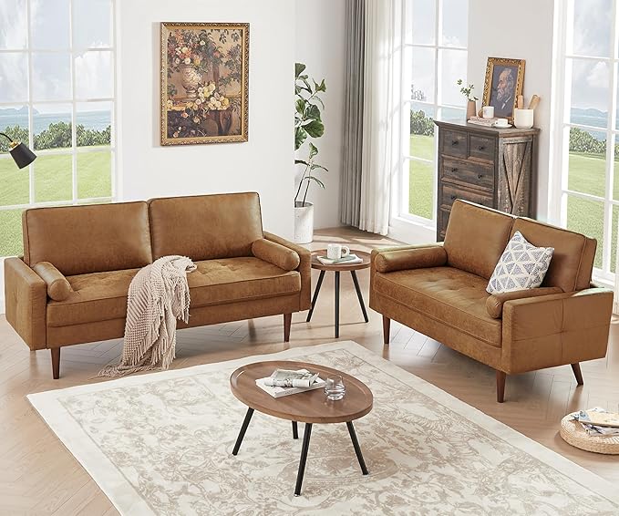 HIFIT 68" Faux Leather Couch Mid Century Modern Sofa Couch w/Tufted Deep Love Seat, 2 Pillows & Solid Wood Frame, Home Sofa Living Room Small Couches for Small Space, Bedroom, Office, Apartment, Brown