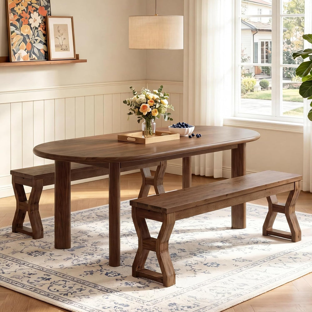 Set of 2 Solid Wood Dining Bench with Sturdy X-Cross Legs | 55" Farmhous...