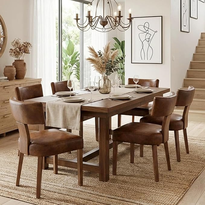 HNY Century Modern Dining Chairs Set of 6, Farmhouse PU Leather Upholstered Accent Chair Curved Backrest Kitchen Chairs, with Hardwood Frame, Brown 6PC
