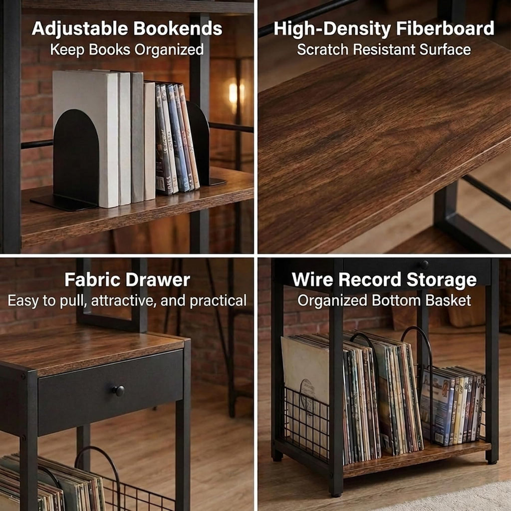 CD Storage Rack, 6-Tier DVD Organizer Shelf with Drawer & Adjustable Book Stoppers, Vinyl Record Holder &Multi-Purpose Media Organizer, Ideal for Living Room/Home Office,15.7x11.8x64.3Inch