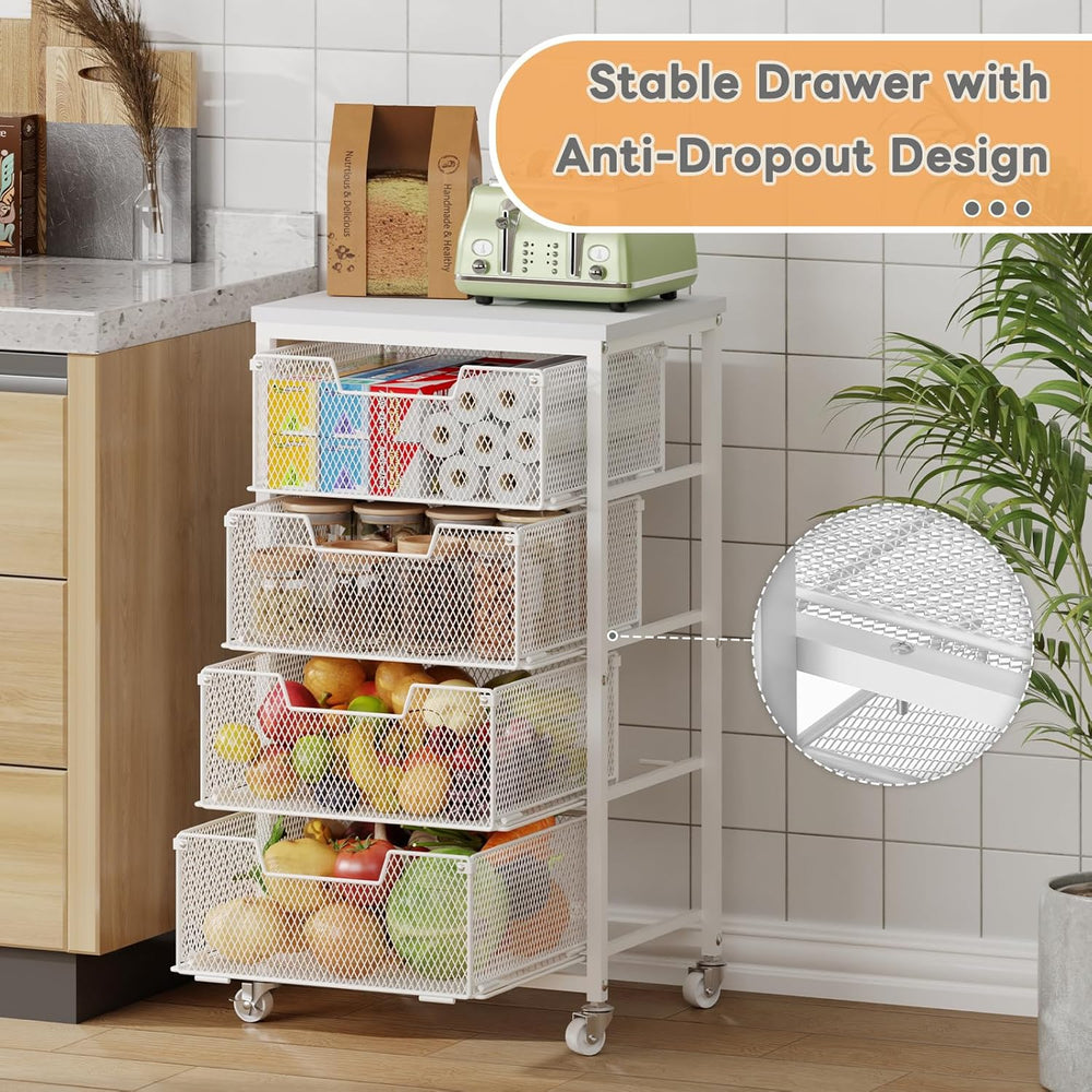 4-Tier Kitchen Storage Cart - Fruit Vegetable Storage Cart with Drawers, Wood...