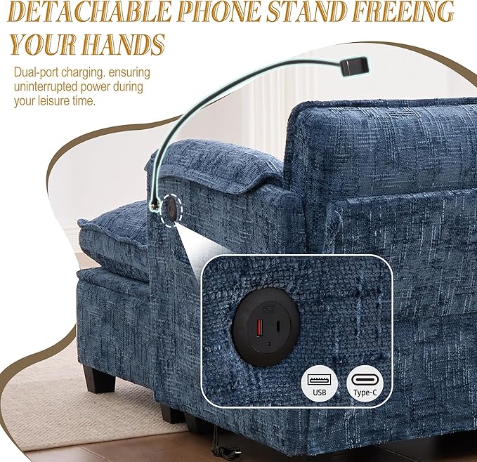 Ball & Cast Modular Sectional Sofa,L Shaped Couch with Movable Storage Ottoman,Chenille Upholstered Sofa W/USB Charging Port,Phone Holder and Side Pocket,for Living Room,Apartment,Navy,109"