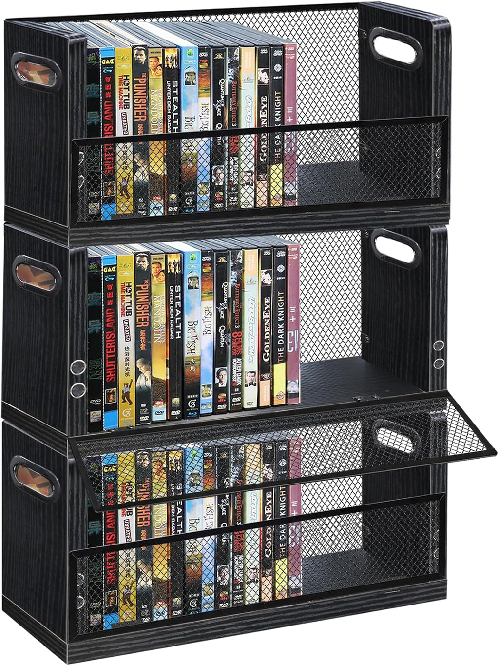 PUTNATRURE DVD CD Storage Rack 3 Pack, Holds 84 DVDs Total, Stackable DVD Tower with Magnetic Opening Door for Easy Access, Black Desktop Organizer for Blu ray, Video Game Cases, VHS Tapes